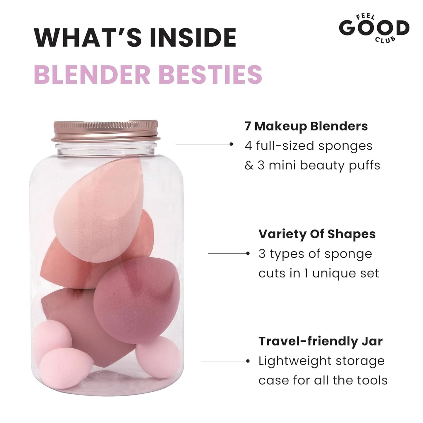 Feel Good Club Blender Besties - 7 Makeup Sponges In A Jar (4 Full Size & 3 Mini - Colours May Vary)