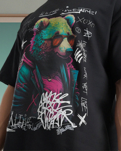 Psy Bear Terry Drop Shoulder T-Shirt in Black