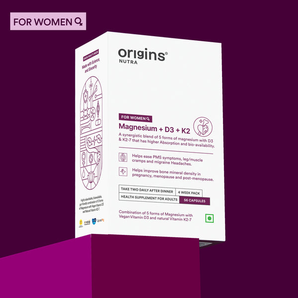 Origins Nutra Magnesium + D3 + K2-7 for Women | Supports Bone Health, Hormonal Balance, and Migraine Relief | Eases Leg Cramps | Five Magnesium Salts, Noval Vitamin K2-7, Vitashine D3 | GMP Certified | 56 Veg Capsules (Pack of 1)