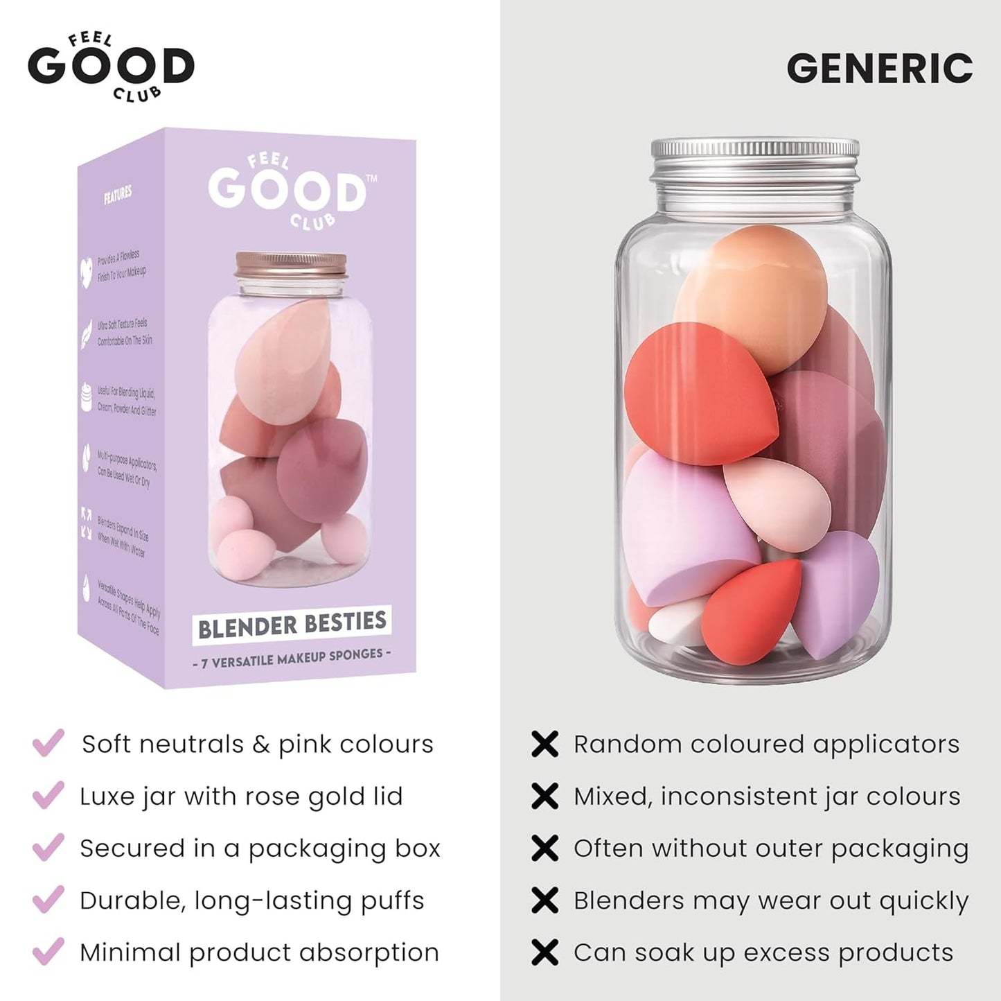 Feel Good Club Blender Besties - 7 Makeup Sponges In A Jar (4 Full Size & 3 Mini - Colours May Vary)