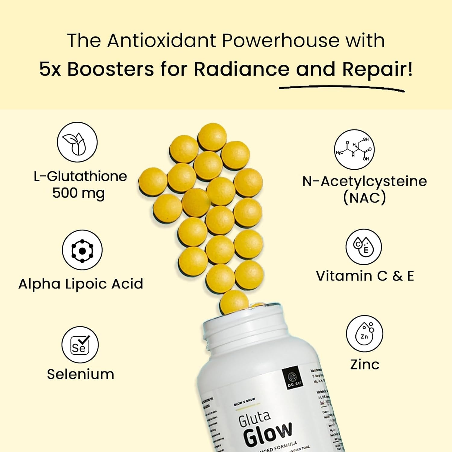 Dr. Su Gluta Glow Supplement | Liposomal Glutathione with 500 mg L-Glutathione along with Vitamin C, E, Zinc, Selenium & NAC | For Pigmentation, Dull & UV-Damaged Skin | Dr. Su at Broadway