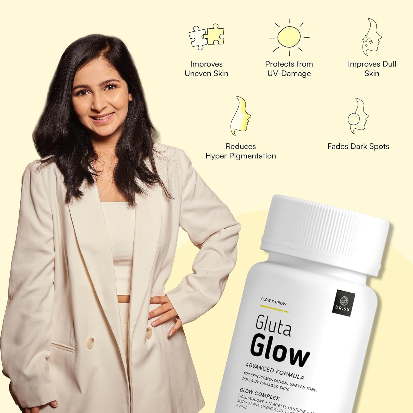 Dr. Su Gluta Glow Supplement | Liposomal Glutathione with 500 mg L-Glutathione along with Vitamin C, E, Zinc, Selenium & NAC | For Pigmentation, Dull & UV-Damaged Skin | Dr. Su at Broadway