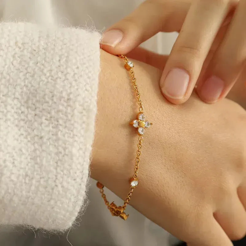 18KT Gold Plated Minimal Flower and Zircon Stainless Steel Waterproof Bracelet, Mirahi