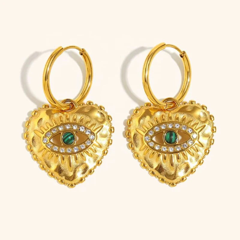 18K Gold Plated Heart Evil Eye Hoop Earrings with Malachite, Rhea