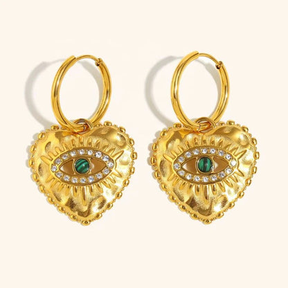 18K Gold Plated Heart Evil Eye Hoop Earrings with Malachite, Rhea