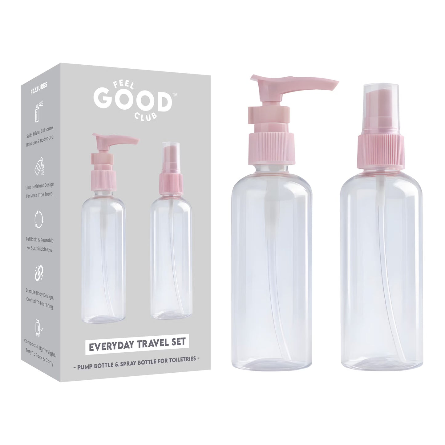 Feel Good Club Travel Toiletry Containers Set For Shampoo, Conditioner, Body Lotion, Skincare, Mists