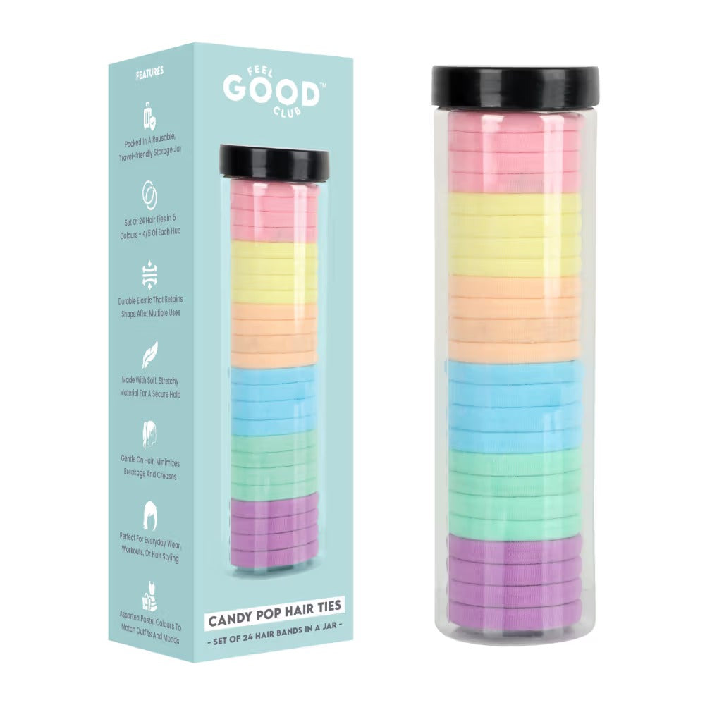Feel Good Club Candy Pop Hair Ties - Set Of 24 Hair Bands In 6 Colours In A Travel-Friendly Jar