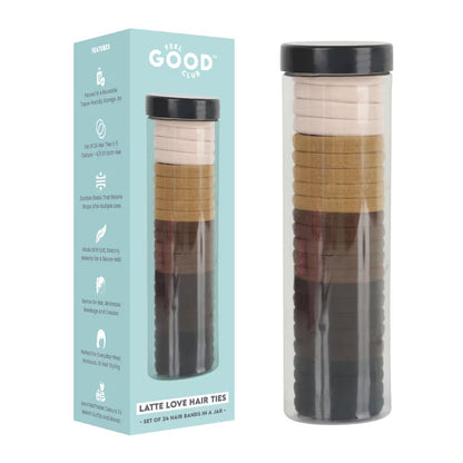 Feel Good Club Latte Love Hair Ties - Set Of 24 Hair Bands In 5 Colours In A Reusable Storage Jar