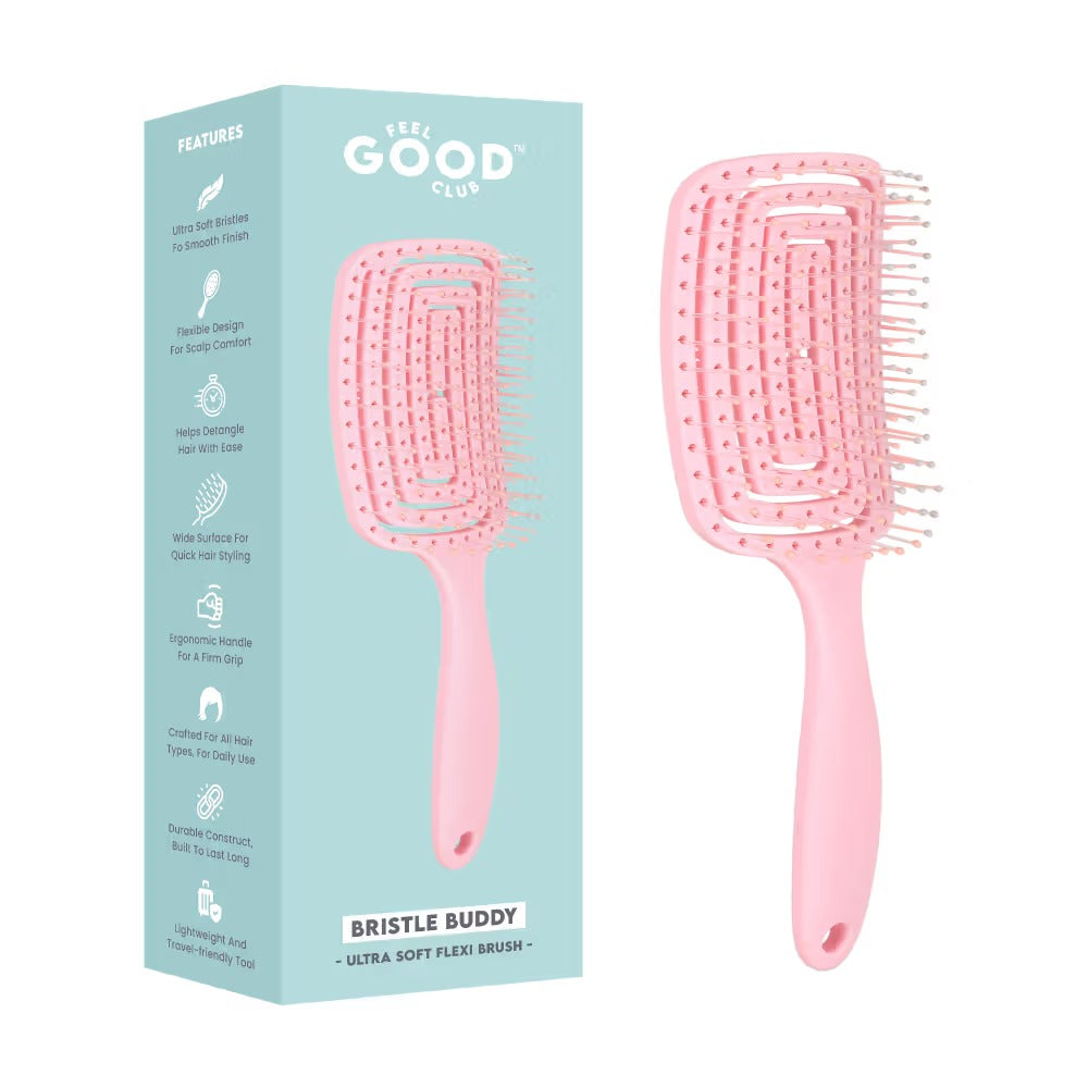 Feel Good Club Bristle Buddy - Soft Flexible Pink Paddle Brush For Gentle Hair Detangling & Styling