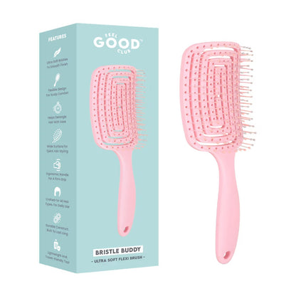 Feel Good Club Bristle Buddy - Soft Flexible Pink Paddle Brush For Gentle Hair Detangling & Styling