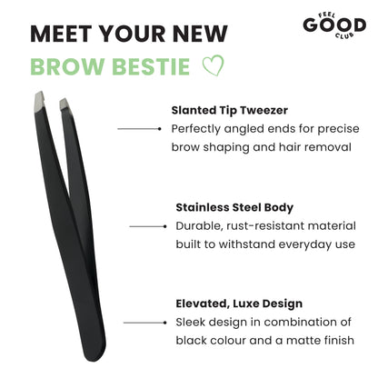 Feel Good Club Slant Tip Tweezer - Premium Plucker Tool For Eyebrows And Unwanted Facial Hair