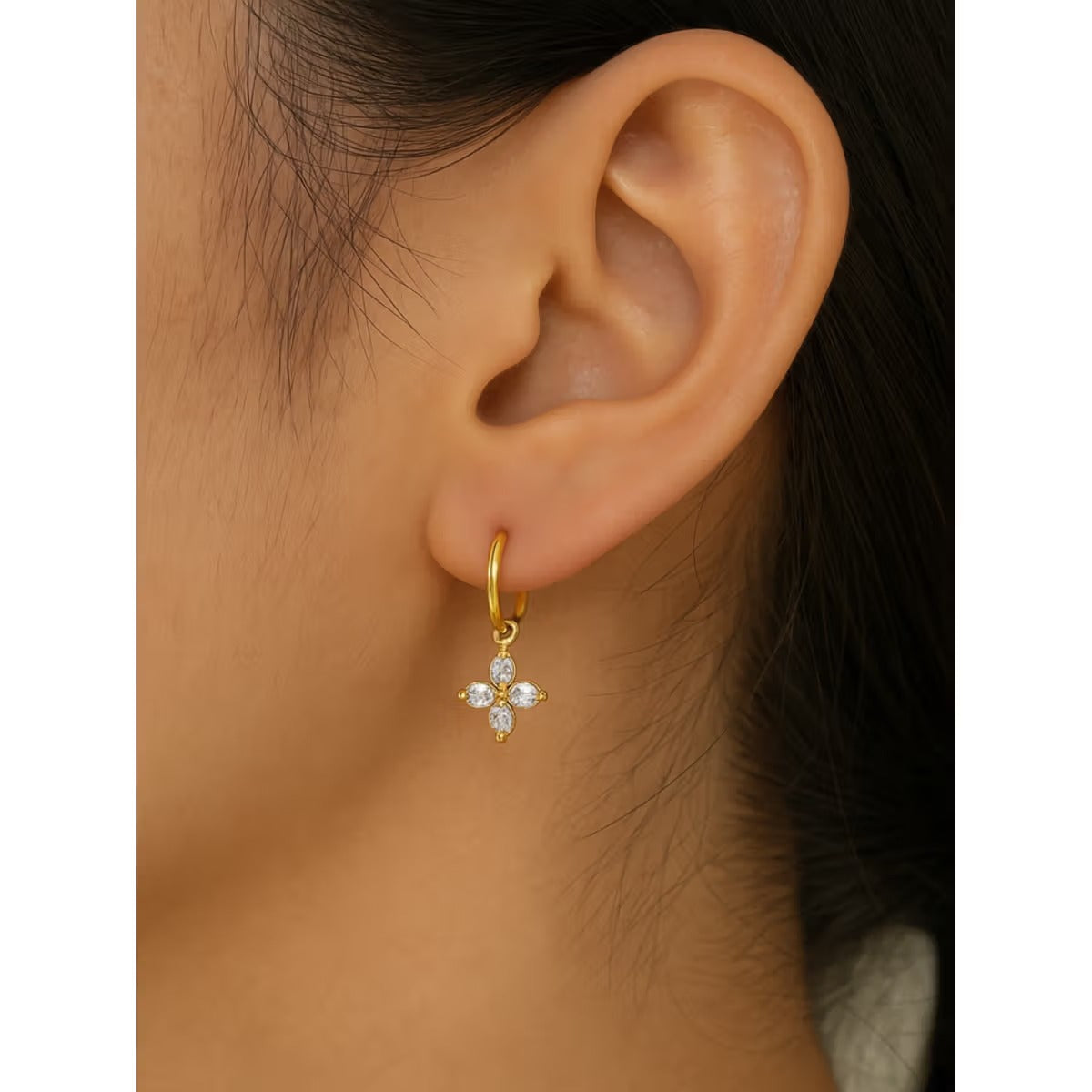 18KT Gold Plated Zircon Flower Stainless Steel Waterproof Charm Earrings, Rosea