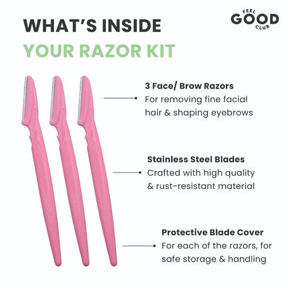 Feel Good Club Face & Eyebrow Razor - Pack Of 3 Reusable Razors For Instant & Painless Hair Removal
