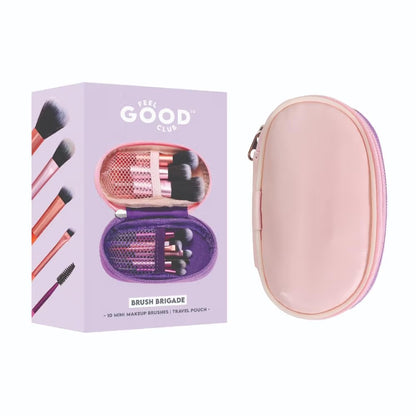 Feel Good Club Brush Brigade -10 Mini Makeup Blending Brush Set In Travel Pouch For Face Eyes & Lips