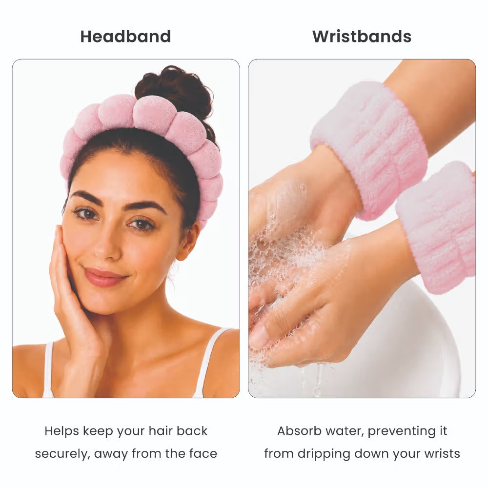 Feel Good Club Pink Bubble Headband & Wristbands - Set For Face Wash Skincare Makeup And Spa