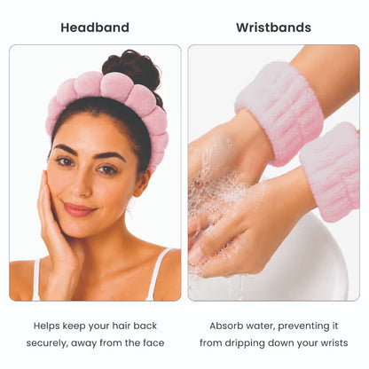 Feel Good Club Pink Bubble Headband & Wristbands - Set For Face Wash Skincare Makeup And Spa