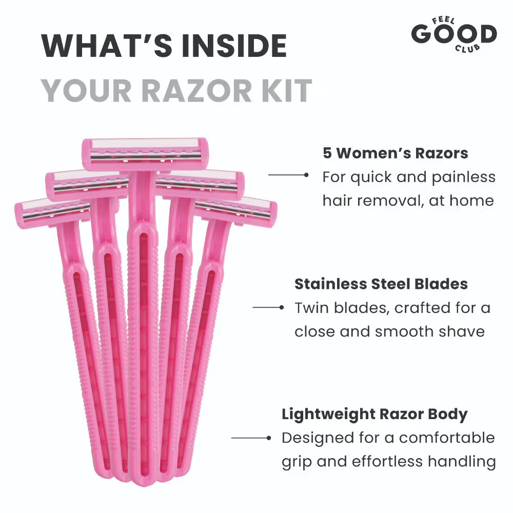 Feel Good Club Twin Blade Razors - Pack Of 5 Units For Quick & Painless Body Shaving & Hair Removal