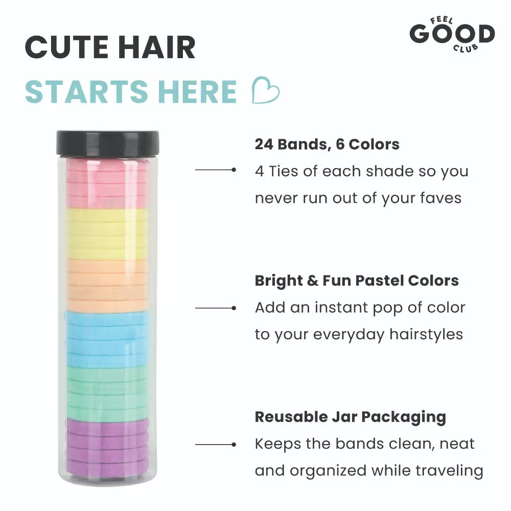 Feel Good Club Candy Pop Hair Ties - Set Of 24 Hair Bands In 6 Colours In A Travel-Friendly Jar