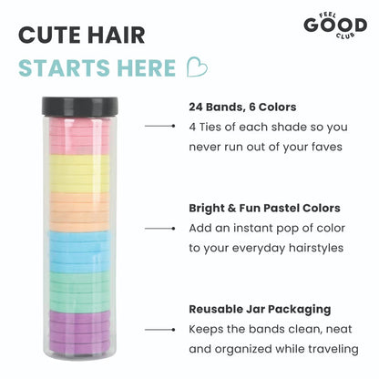 Feel Good Club Candy Pop Hair Ties - Set Of 24 Hair Bands In 6 Colours In A Travel-Friendly Jar