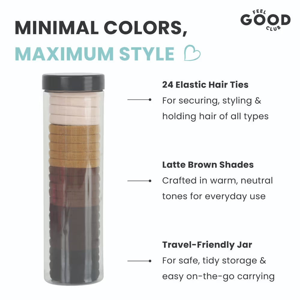Feel Good Club Latte Love Hair Ties - Set Of 24 Hair Bands In 5 Colours In A Reusable Storage Jar