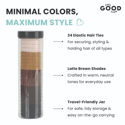 Feel Good Club Latte Love Hair Ties - Set Of 24 Hair Bands In 5 Colours In A Reusable Storage Jar