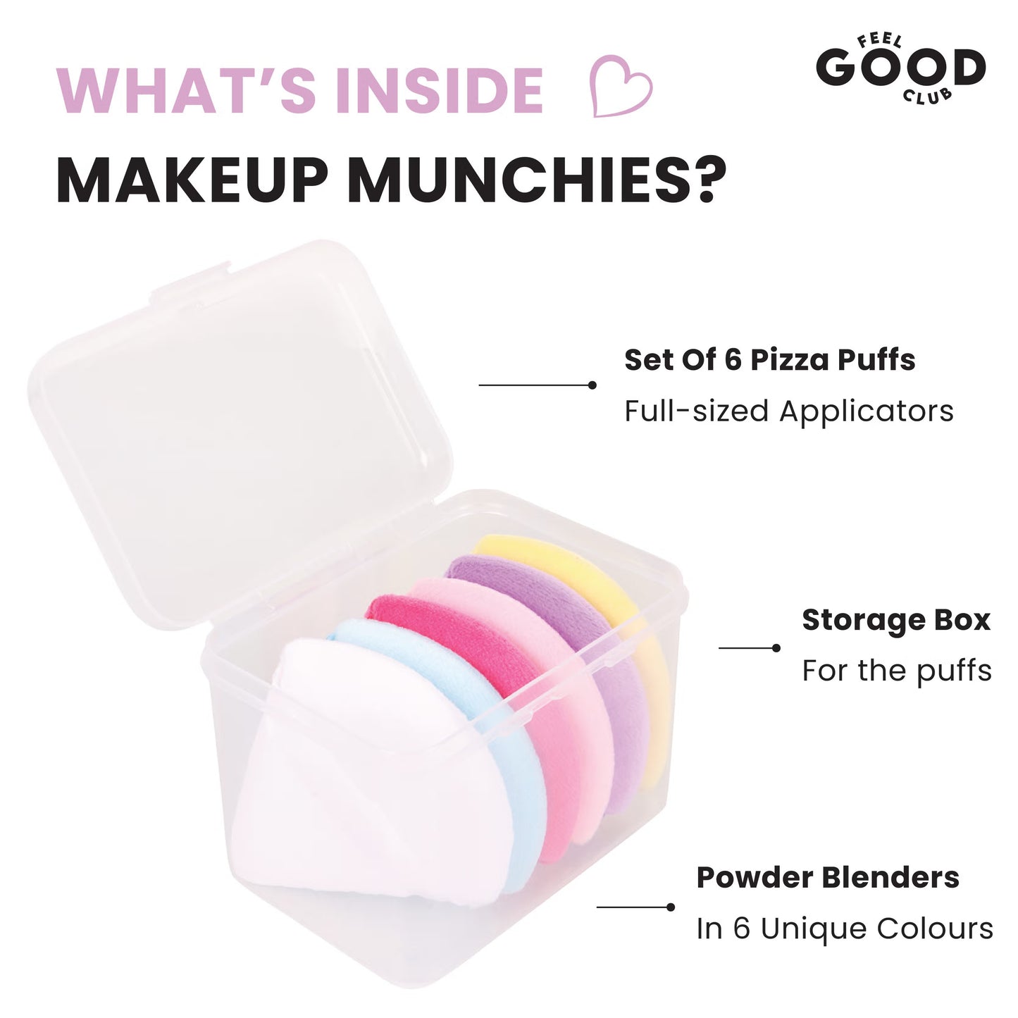 Feel Good Club Makeup Munchies- 6 Full-sized Pizza Powder Beauty Puffs In A Box Case (Mixed Colours)
