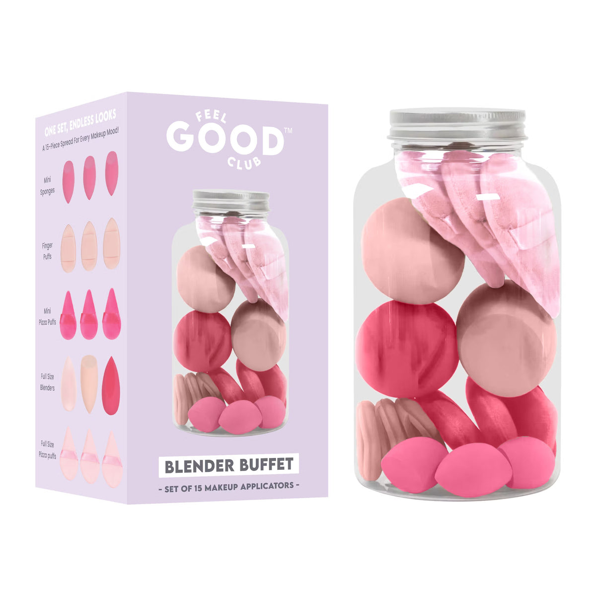 Feel Good Club Blender Buffet - Set Of 15 Makeup Blender Sponges & Pizza Powder Puffs In A Jar