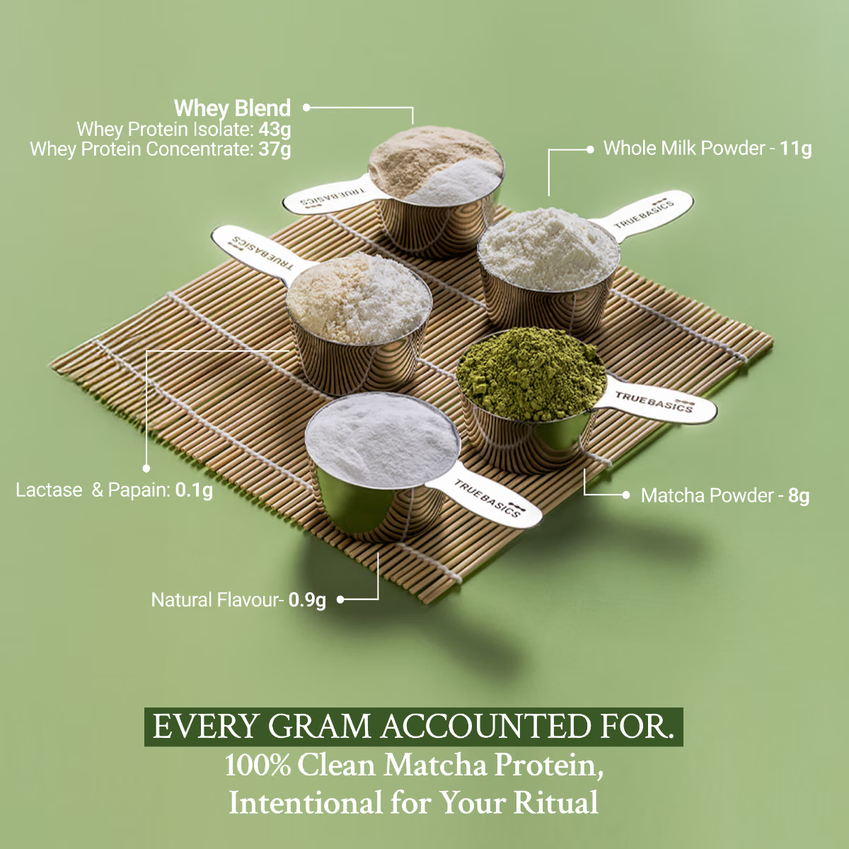 TrueBasics Clean Whey Protein Powder Isolate & Concentrate Blend (Matcha, 1kg)