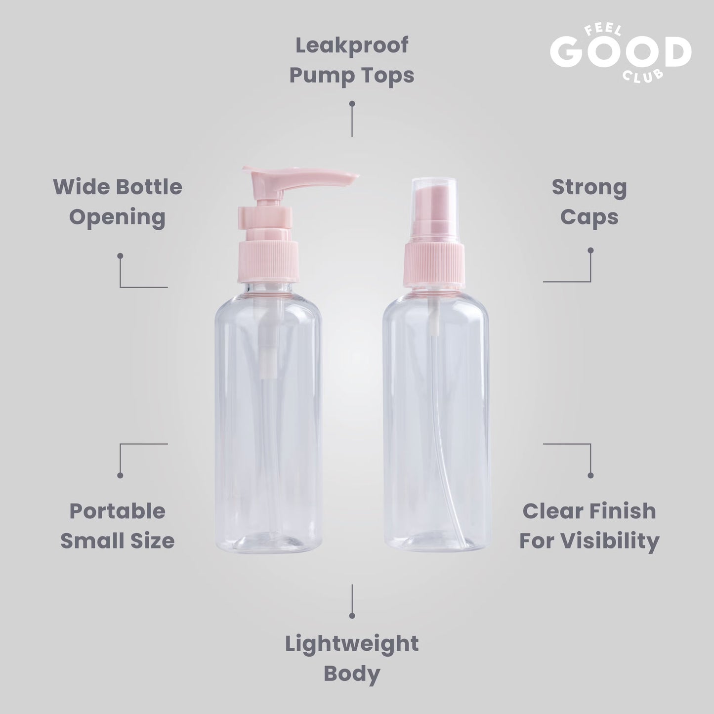 Feel Good Club Travel Toiletry Containers Set For Shampoo, Conditioner, Body Lotion, Skincare, Mists