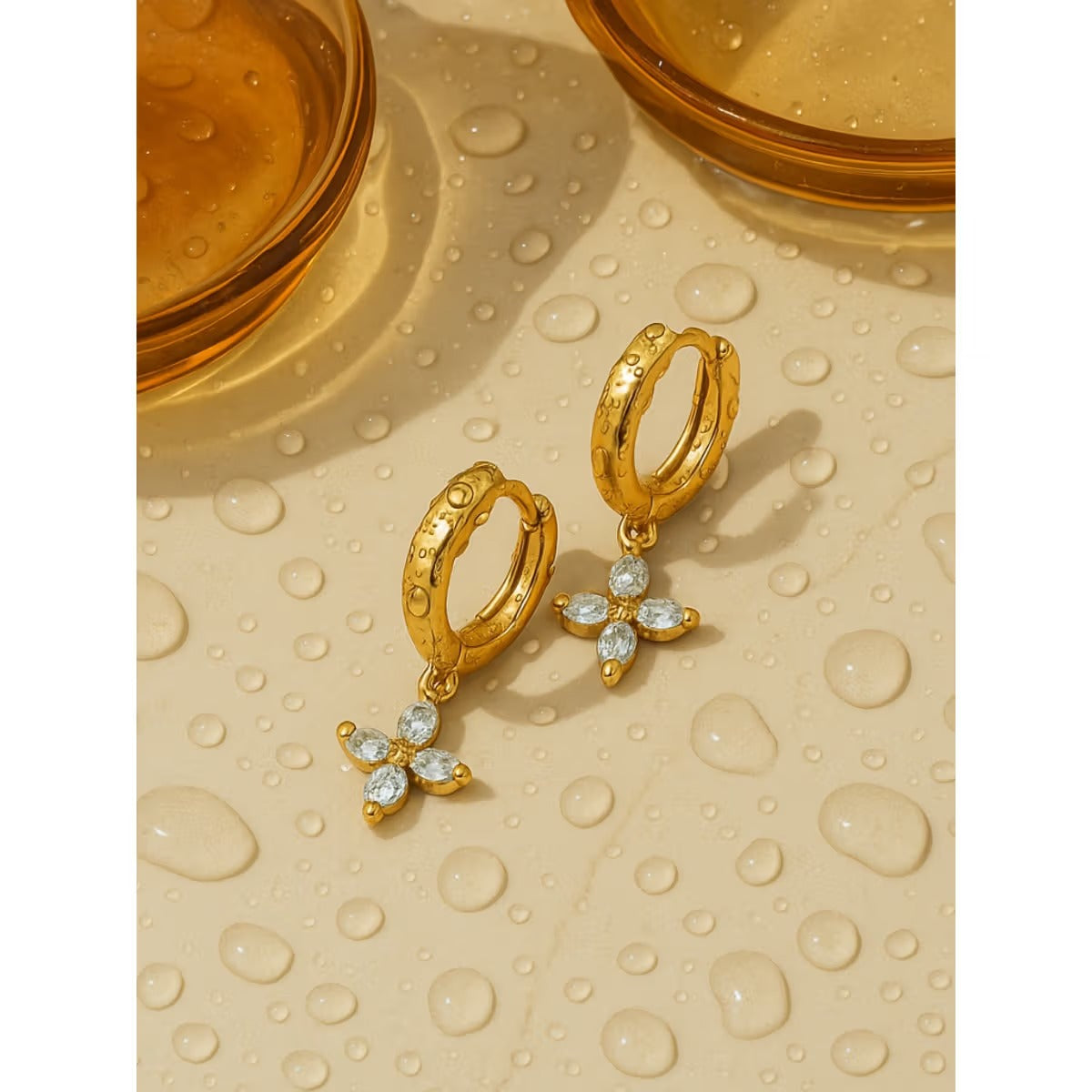 18KT Gold Plated Zircon Flower Stainless Steel Waterproof Charm Earrings, Rosea