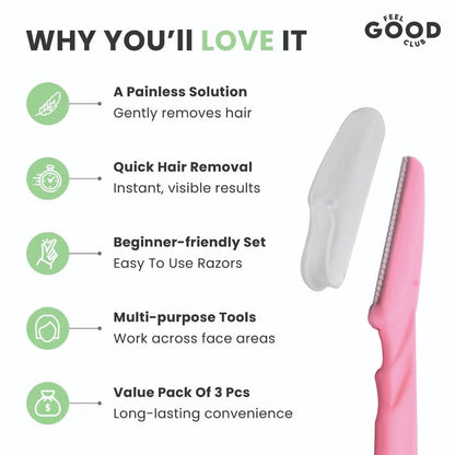 Feel Good Club Face & Eyebrow Razor - Pack Of 3 Reusable Razors For Instant & Painless Hair Removal