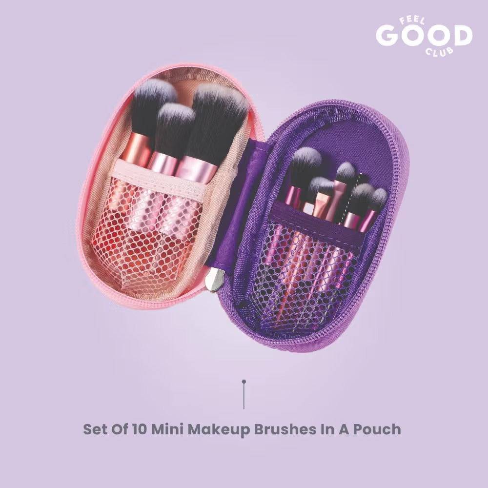 Feel Good Club Brush Brigade -10 Mini Makeup Blending Brush Set In Travel Pouch For Face Eyes & Lips