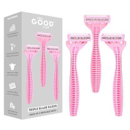 Feel Good Club Triple Blade Razors - Pack Of 3 Reusable Units For Quick & Painless Body Hair Removal