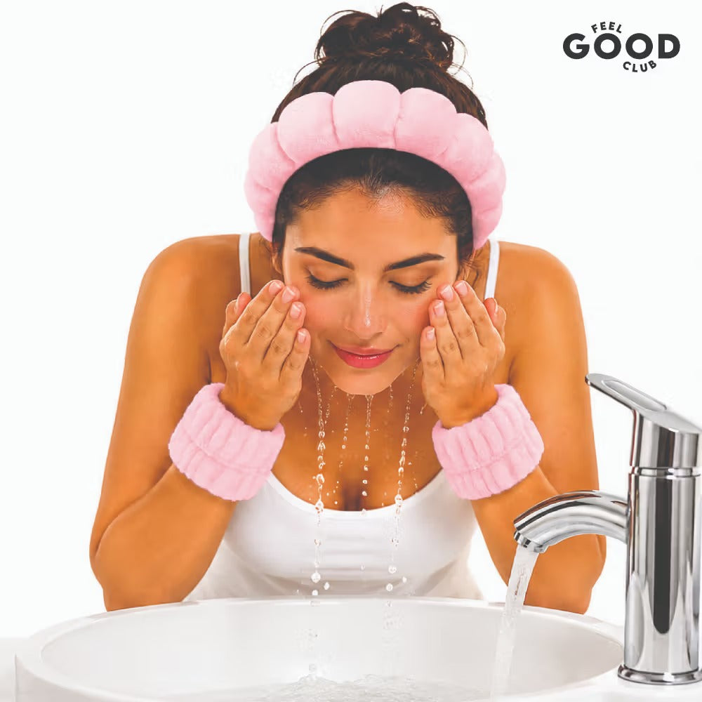 Feel Good Club Pink Bubble Headband & Wristbands - Set For Face Wash Skincare Makeup And Spa