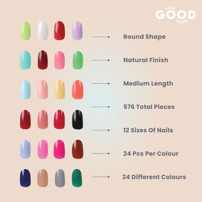 Feel Good Club False Nails - Box Of 576 Pcs Press On/ Fake Nails In 24 Colours (Glue Not Included)