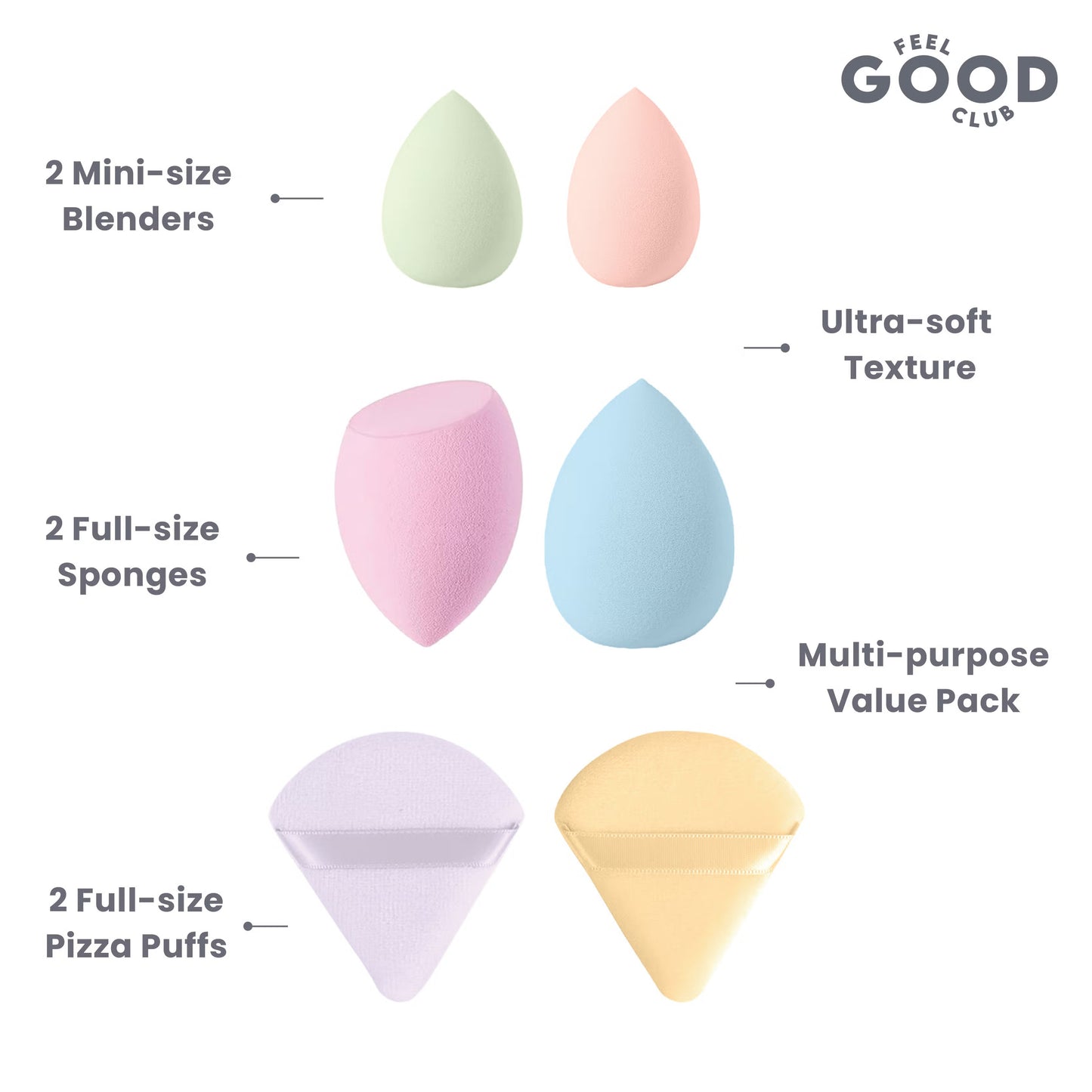 Feel Good Club 6 Pc Makeup Applicators in Mixed Colours- Beauty Sponge Blenders & Pizza Powder Puffs