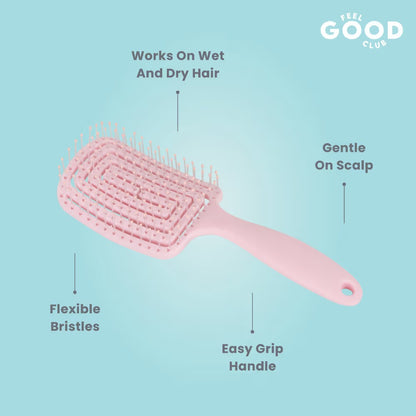 Feel Good Club Bristle Buddy - Soft Flexible Pink Paddle Brush For Gentle Hair Detangling & Styling