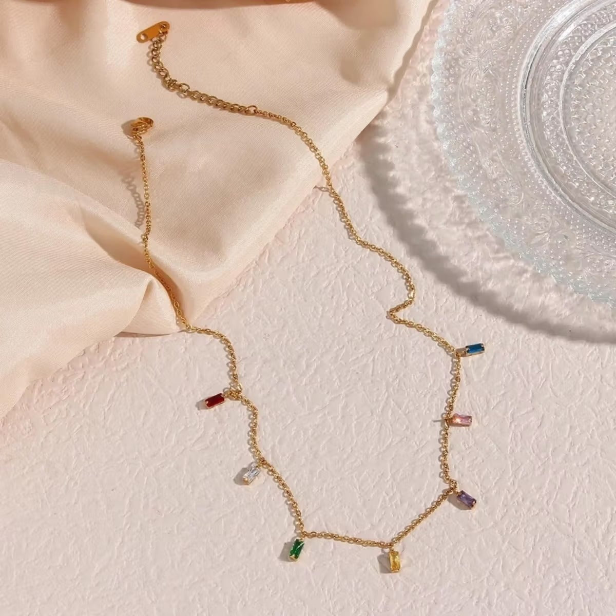 18KT Gold Plated Rainbow Rhinestone Necklace, Sara