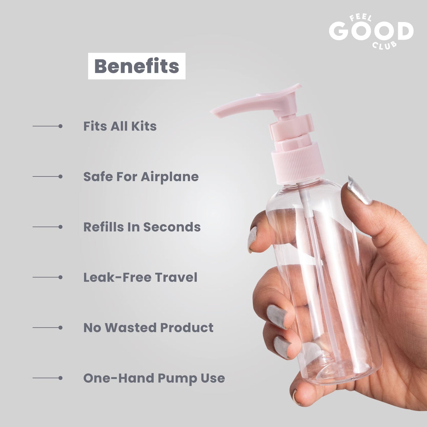 Feel Good Club Travel Toiletry Containers Set For Shampoo, Conditioner, Body Lotion, Skincare, Mists