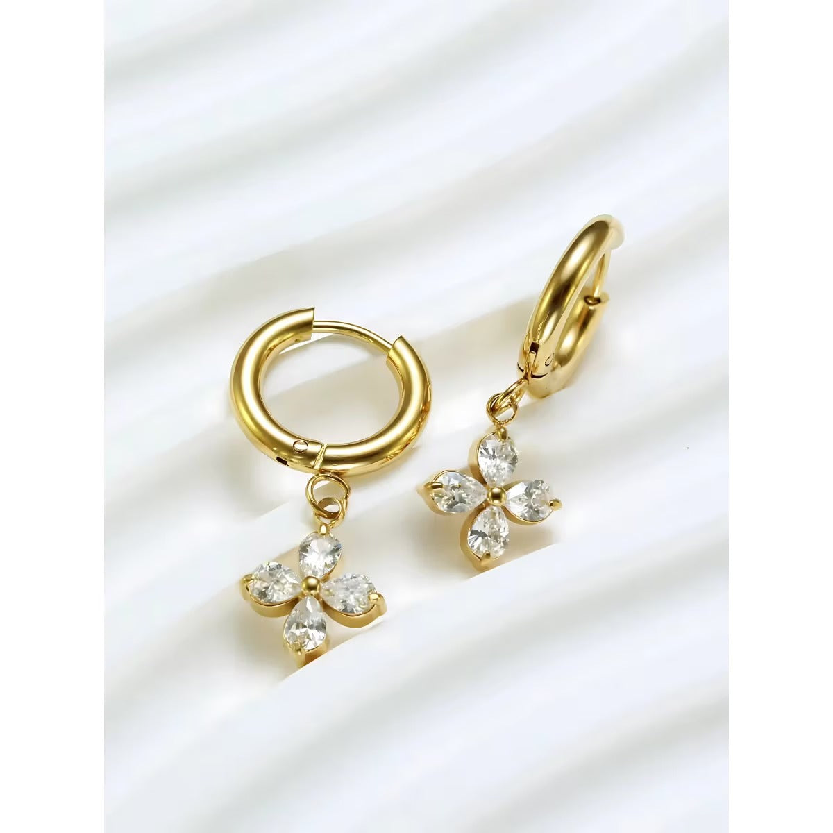 18KT Gold Plated Zircon Flower Stainless Steel Waterproof Charm Earrings, Rosea