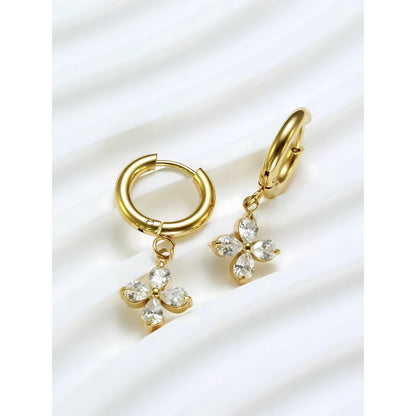 18KT Gold Plated Zircon Flower Stainless Steel Waterproof Charm Earrings, Rosea