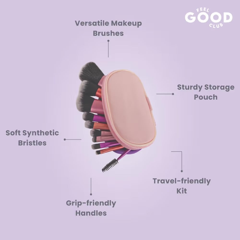 Feel Good Club Brush Brigade -10 Mini Makeup Blending Brush Set In Travel Pouch For Face Eyes & Lips