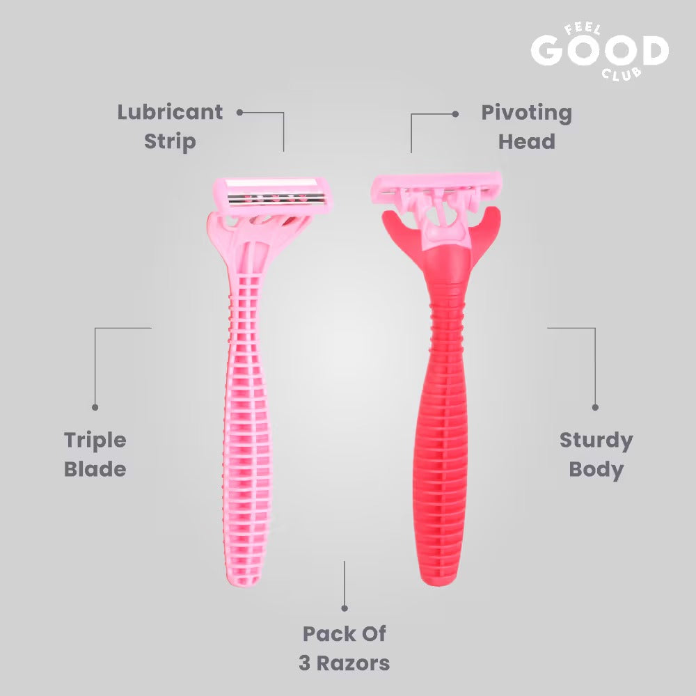 Feel Good Club Triple Blade Razors - Pack Of 3 Reusable Units For Quick & Painless Body Hair Removal