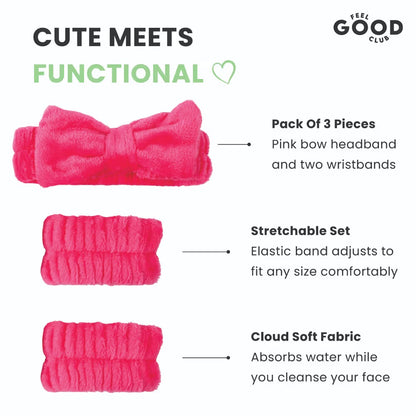 Feel Good Club Headband & Wristbands - Ultra Soft Set For Face Wash Skincare Makeup & Spa (3pcs)
