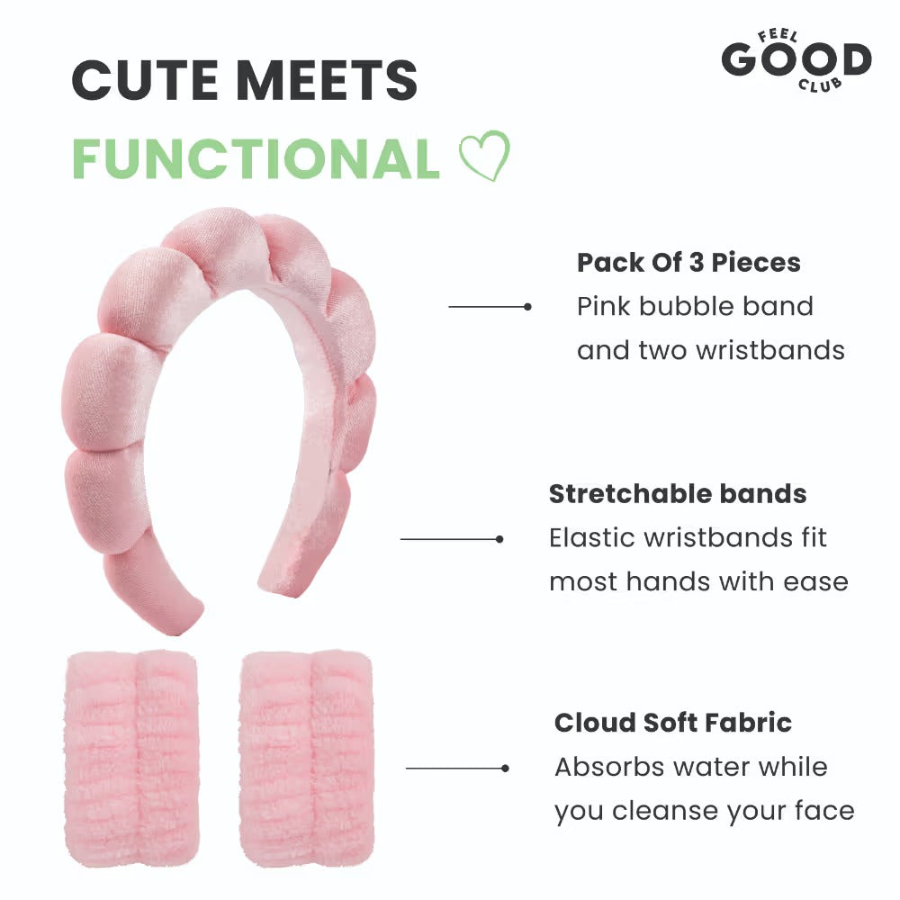 Feel Good Club Pink Bubble Headband & Wristbands - Set For Face Wash Skincare Makeup And Spa