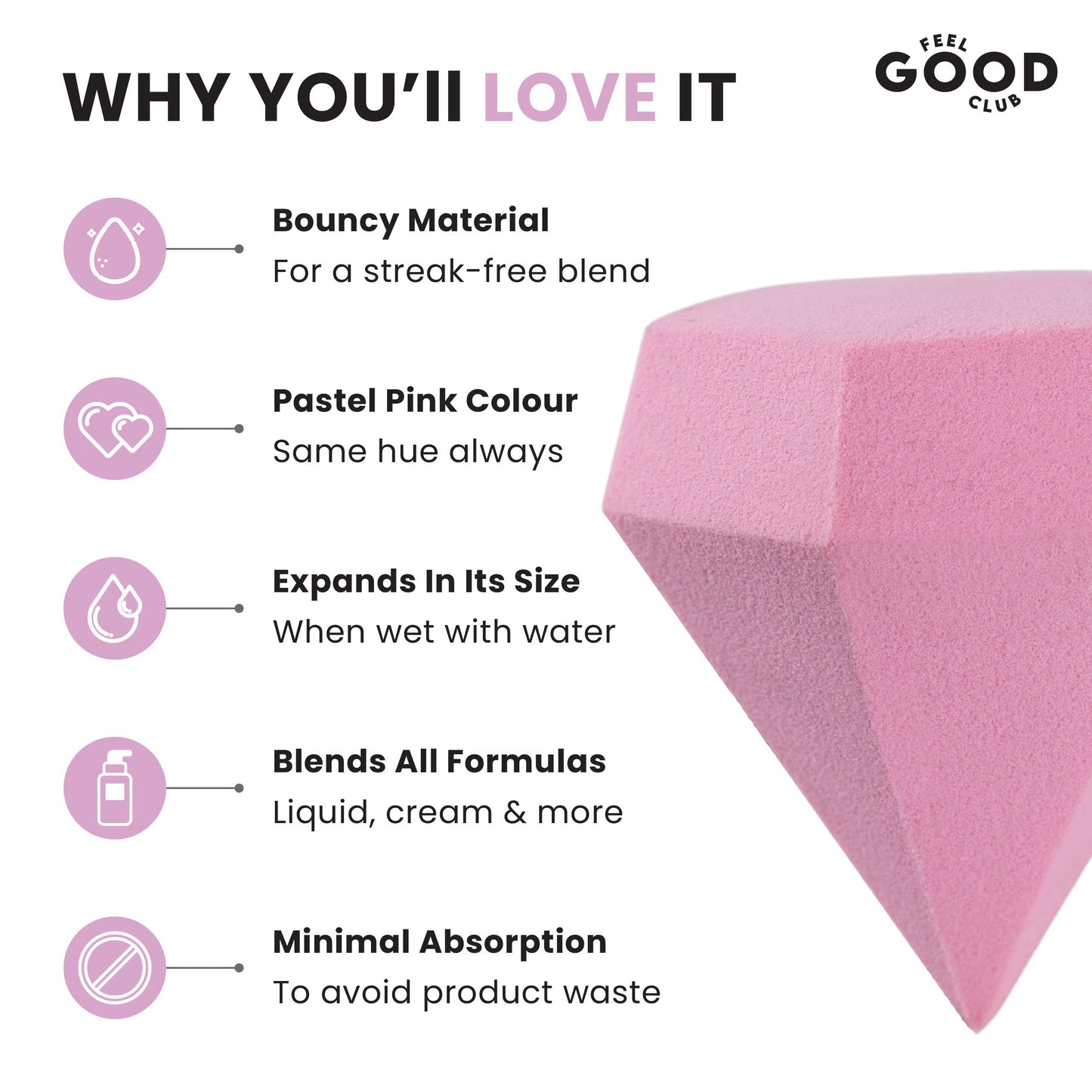 Feel Good Club Diamond Makeup Blender Beauty Sponge Puff For Foundation Concealer Contour & Powder