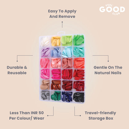 Feel Good Club False Nails - Box Of 576 Pcs Press On/ Fake Nails In 24 Colours (Glue Not Included)