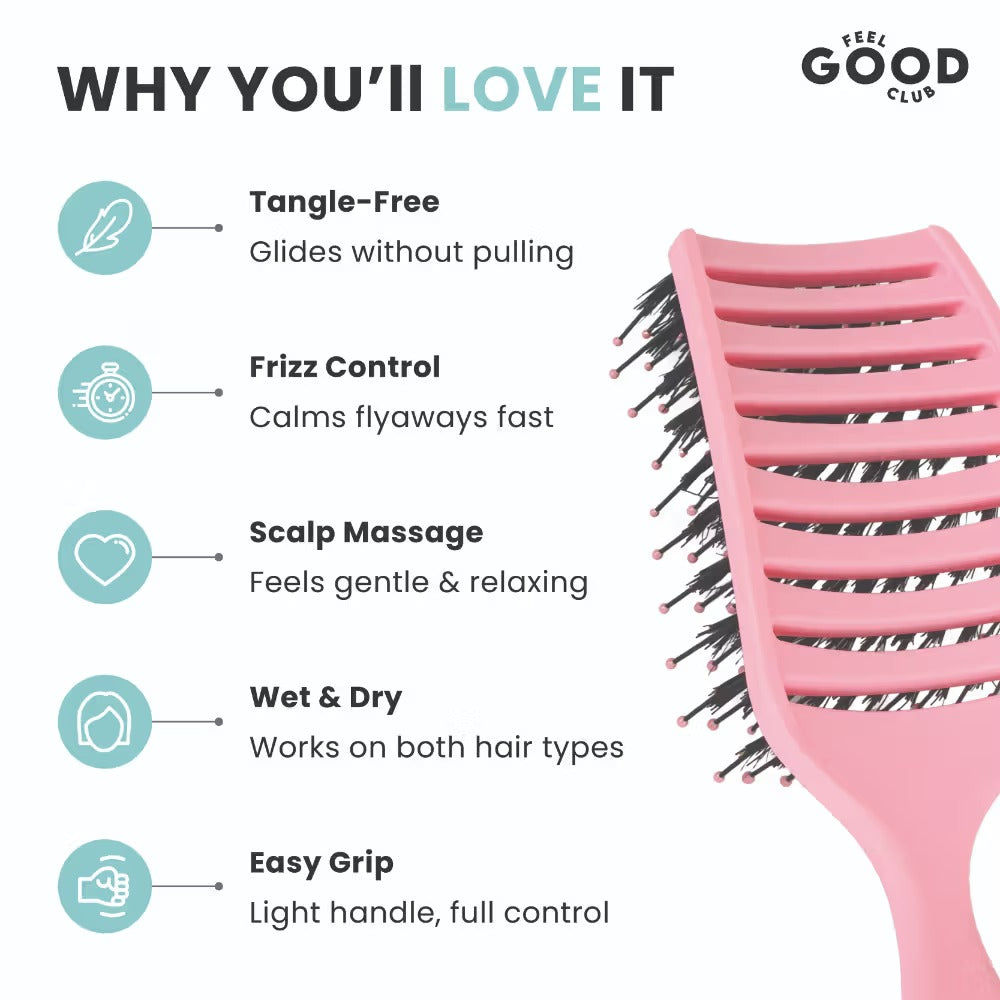 Feel Good Club Pink Smoothing Paddle Brush For Hair Frizz-Control Quick Detangling & Daily Styling