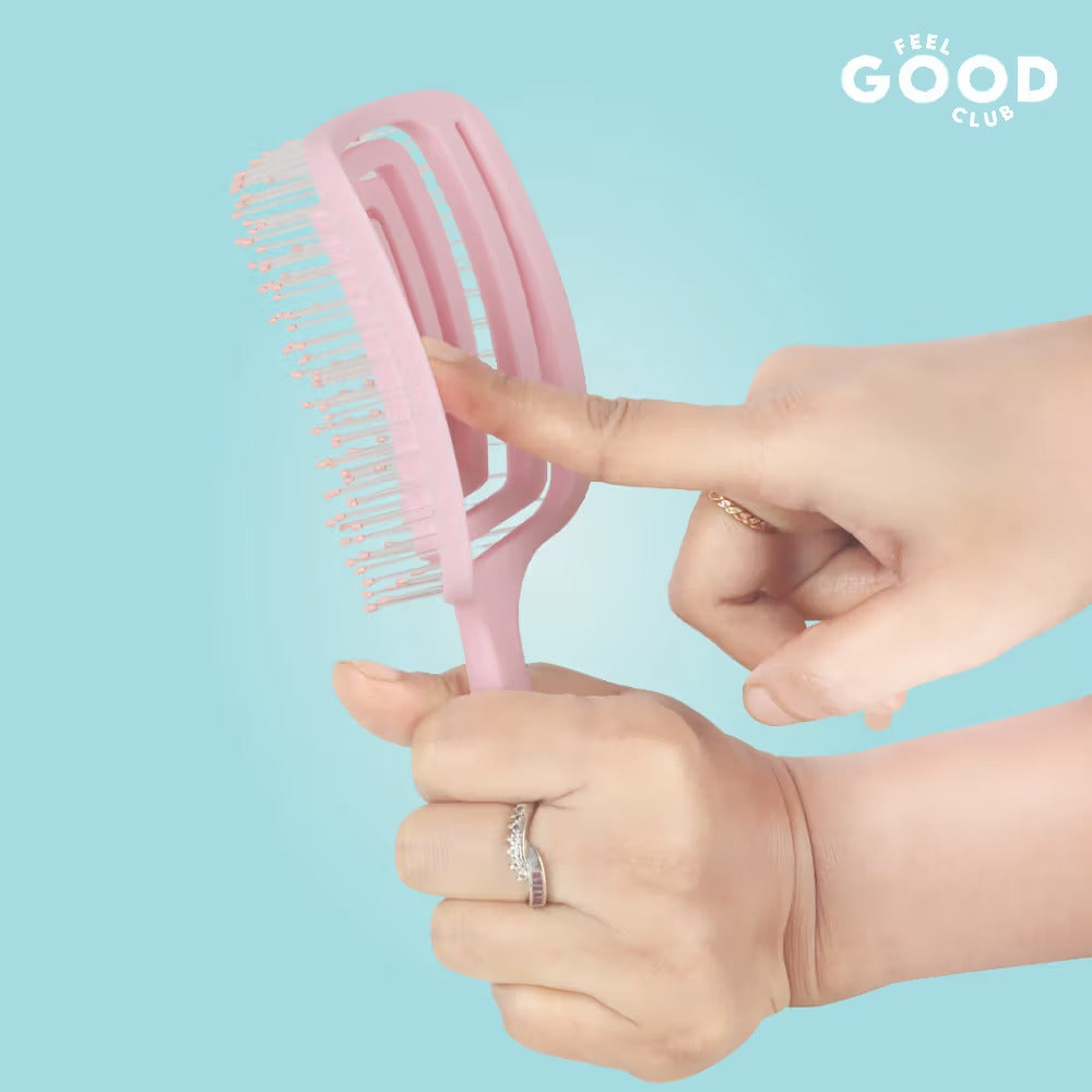 Feel Good Club Bristle Buddy - Soft Flexible Pink Paddle Brush For Gentle Hair Detangling & Styling
