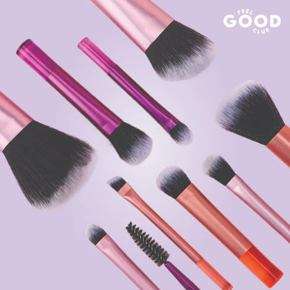 Feel Good Club Brush Brigade -10 Mini Makeup Blending Brush Set In Travel Pouch For Face Eyes & Lips